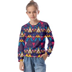 Pattern Colorful Aztec Kids  Long Sleeve Tee With Frill 