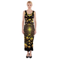 Mushroom Fungus Gold Psychedelic Fitted Maxi Dress