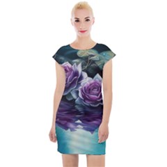 Roses Water Lilies Watercolor Cap Sleeve Bodycon Dress by Ravend