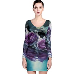 Roses Water Lilies Watercolor Long Sleeve Velvet Bodycon Dress