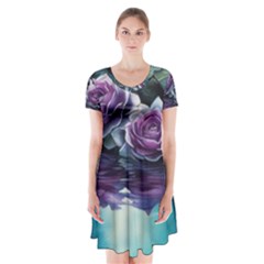 Roses Water Lilies Watercolor Short Sleeve V-neck Flare Dress by Ravend