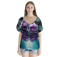Roses Water Lilies Watercolor V-neck Flutter Sleeve Top