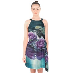 Roses Water Lilies Watercolor Halter Collar Waist Tie Chiffon Dress by Ravend