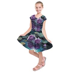 Roses Water Lilies Watercolor Kids  Short Sleeve Dress