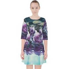 Roses Water Lilies Watercolor Quarter Sleeve Pocket Dress