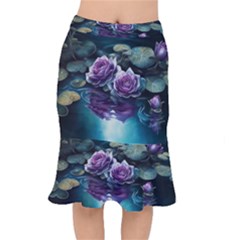 Roses Water Lilies Watercolor Short Mermaid Skirt