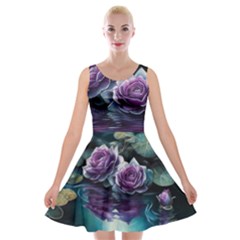 Roses Water Lilies Watercolor Velvet Skater Dress by Ravend