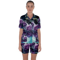Roses Water Lilies Watercolor Satin Short Sleeve Pajamas Set by Ravend