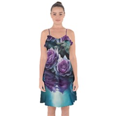 Roses Water Lilies Watercolor Ruffle Detail Chiffon Dress