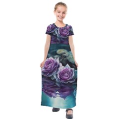 Roses Water Lilies Watercolor Kids  Short Sleeve Maxi Dress