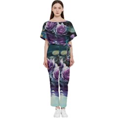 Roses Water Lilies Watercolor Batwing Lightweight Chiffon Jumpsuit