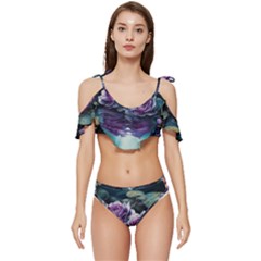 Roses Water Lilies Watercolor Ruffle Edge Tie Up Bikini Set	 by Ravend