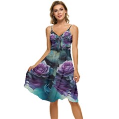 Roses Water Lilies Watercolor Sleeveless Tie Front Chiffon Dress by Ravend