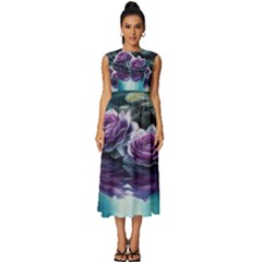 Roses Water Lilies Watercolor Sleeveless Round Neck Midi Dress by Ravend