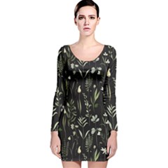 Plants Floral Art Pattern Design Long Sleeve Velvet Bodycon Dress