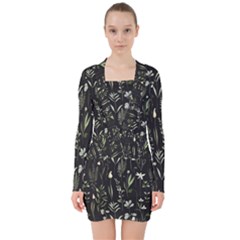 Plants Floral Art Pattern Design V-neck Bodycon Long Sleeve Dress