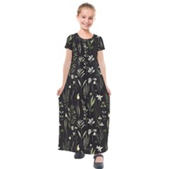 Plants Floral Art Pattern Design Kids  Short Sleeve Maxi Dress