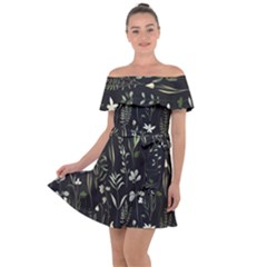 Plants Floral Art Pattern Design Off Shoulder Velour Dress