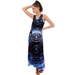 Digital Technology V-neck Chiffon Maxi Dress