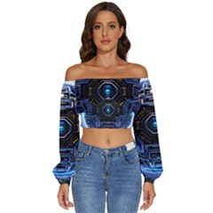 Digital Technology Long Sleeve Crinkled Weave Crop Top by Ravend