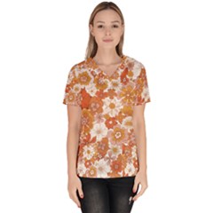 Flowers Petals Leaves Floral Print Women s V-neck Scrub Top