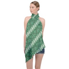 Batik-green Halter Asymmetric Satin Top