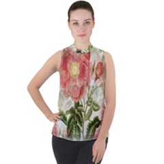 Flowers-102 Mock Neck Chiffon Sleeveless Top