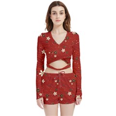 Flowers-106 Velvet Wrap Crop Top And Shorts Set by nateshop