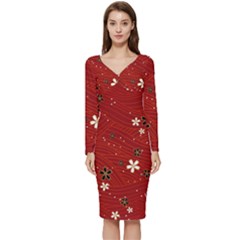 Flowers-106 Long Sleeve V-neck Bodycon Dress  by nateshop