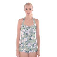 Flowers-108 Boyleg Halter Swimsuit 