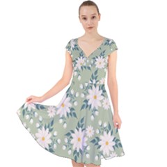 Flowers-108 Cap Sleeve Front Wrap Midi Dress