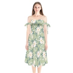 Flowers-108 Shoulder Tie Bardot Midi Dress