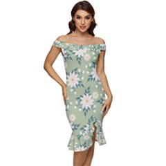 Flowers-108 Off Shoulder Ruffle Split Hem Bodycon Dress