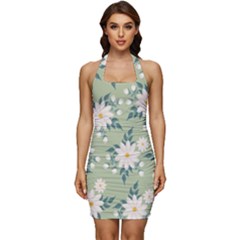 Flowers-108 Sleeveless Wide Square Neckline Ruched Bodycon Dress