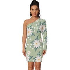 Flowers-108 Long Sleeve One Shoulder Mini Dress