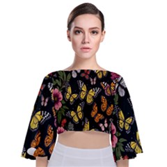 Flowers-109 Tie Back Butterfly Sleeve Chiffon Top by nateshop