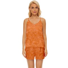 Orange-chaotic V-neck Satin Pajamas Set by nateshop