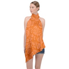 Orange-ellipse Halter Asymmetric Satin Top