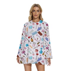 Medical Round Neck Long Sleeve Bohemian Style Chiffon Mini Dress by SychEva