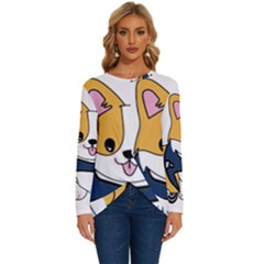 Puppy Cartoon Corgi Long Sleeve Crew Neck Pullover Top by Semog4