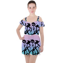 Birds Bird Vultures Tree Branches Ruffle Cut Out Chiffon Playsuit