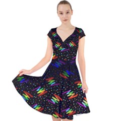 Rainbows Pixel Pattern Cap Sleeve Front Wrap Midi Dress