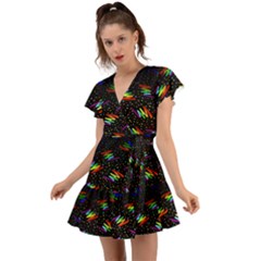 Rainbows Pixel Pattern Flutter Sleeve Wrap Dress