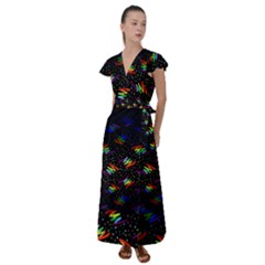 Rainbows Pixel Pattern Flutter Sleeve Maxi Dress