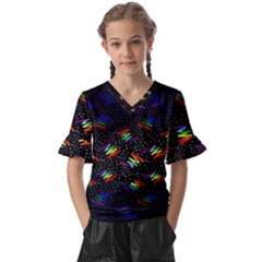 Rainbows Pixel Pattern Kids  V-neck Horn Sleeve Blouse