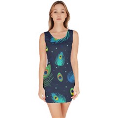 Blue Background Pattern Feather Peacock Bodycon Dress