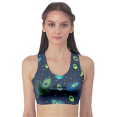 Blue Background Pattern Feather Peacock Sports Bra