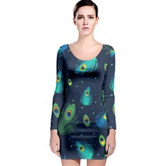 Blue Background Pattern Feather Peacock Long Sleeve Bodycon Dress