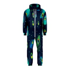 Blue Background Pattern Feather Peacock Hooded Jumpsuit (kids) by Semog4