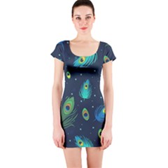 Blue Background Pattern Feather Peacock Short Sleeve Bodycon Dress
